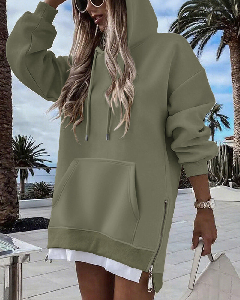 Long Sleeve Pocket Design Pullover Sweatshirt Casual Faux Two Piece Longline Drawstring Hooded Top