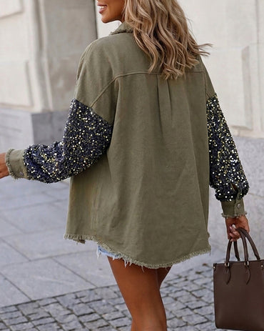 Women's Sequin Patchwork Denim Jacket Raw Hem Button Down Coat Long Sleeve Shacket with Pockets