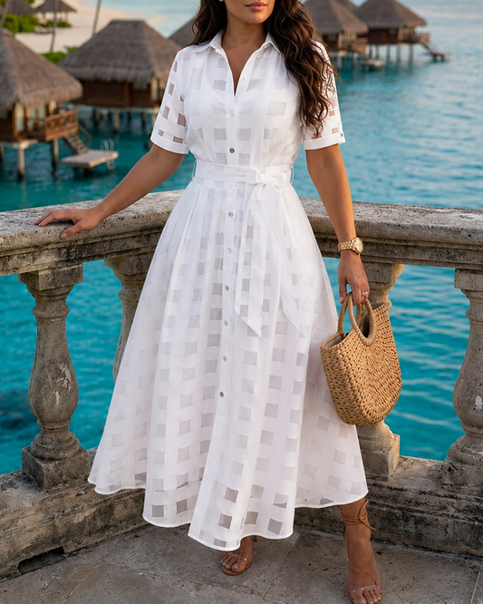 Women's Sheer Plaid Maxi Dress Short Sleeve Double Layer Swing Vacation Dress Elegant Flowy A Line Dress with Belt