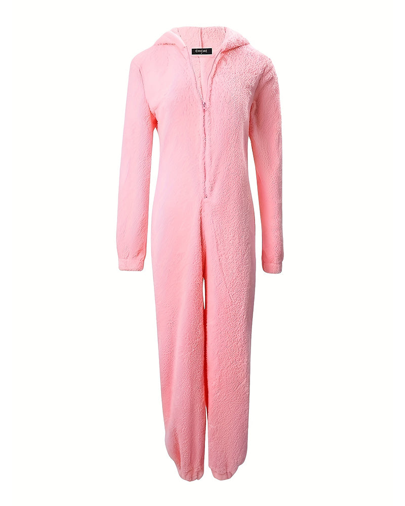 3D Ear Buttoned Flap Functional Fluffy Lounge Jumpsuit