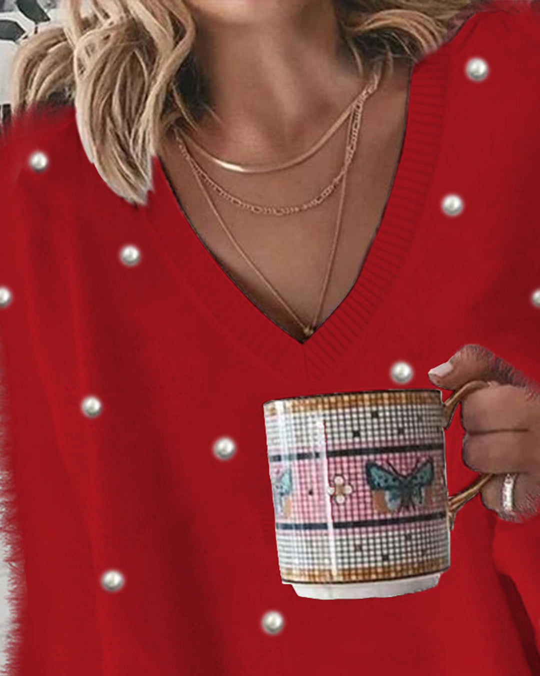 V-Neck Long Sleeve Beaded Decor Oversized Sweater Fluffy Pullover Top