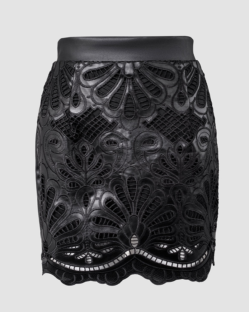 PU Leather Hollow-out Pattern Zipper Back Bodycon Skirt