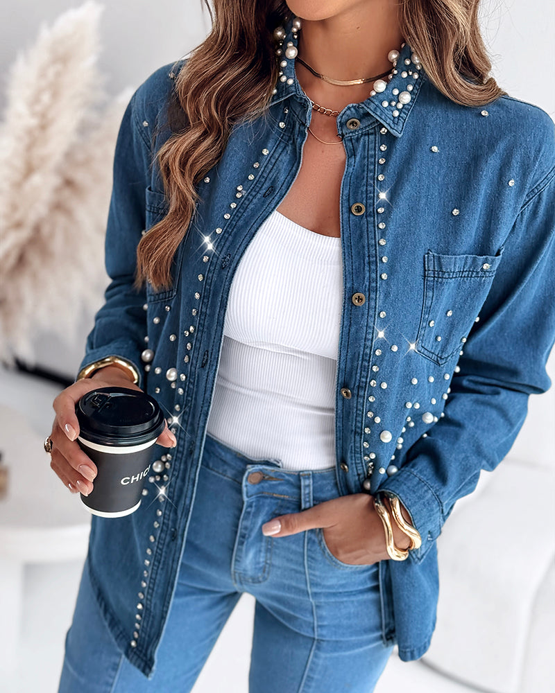 Pearls & Rhinestone Decor Turn-down Collar Button Front Denim Shirt Coat Casual Top