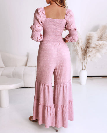 Sweetheart Neck Puff Sleeve Drawstring Front Shirred Overalls Casual Cutout Front Ruffle Hem Wide Leg Jumpsuit