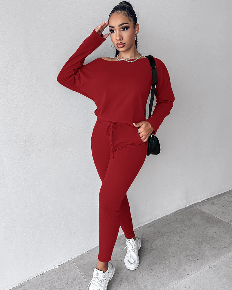 2 Pieces Outfit Long Sleeve Skew Neck Pullover Top and Drawstring Elastic Waist Slim Fit Pants Set