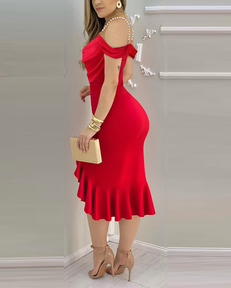 Cold Shoulder Pearls Straps Bodycon Dress Cowl Neck Asymmetrical Ruffle Hem Party Dress