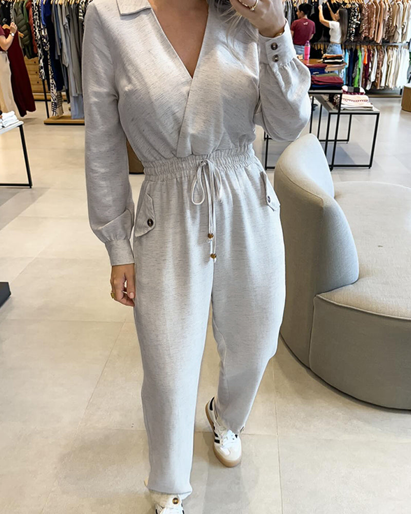 Turn-down Collar Overlap V-Neck Drawstring Stretchy Waist Jumpsuit Casual Flap Pockets Design Jumpsuit