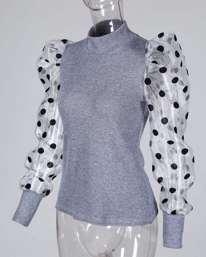 Dot Mesh Patch Mock Neck Puff Sleeve Blouse Casaul Pullover Knit Top