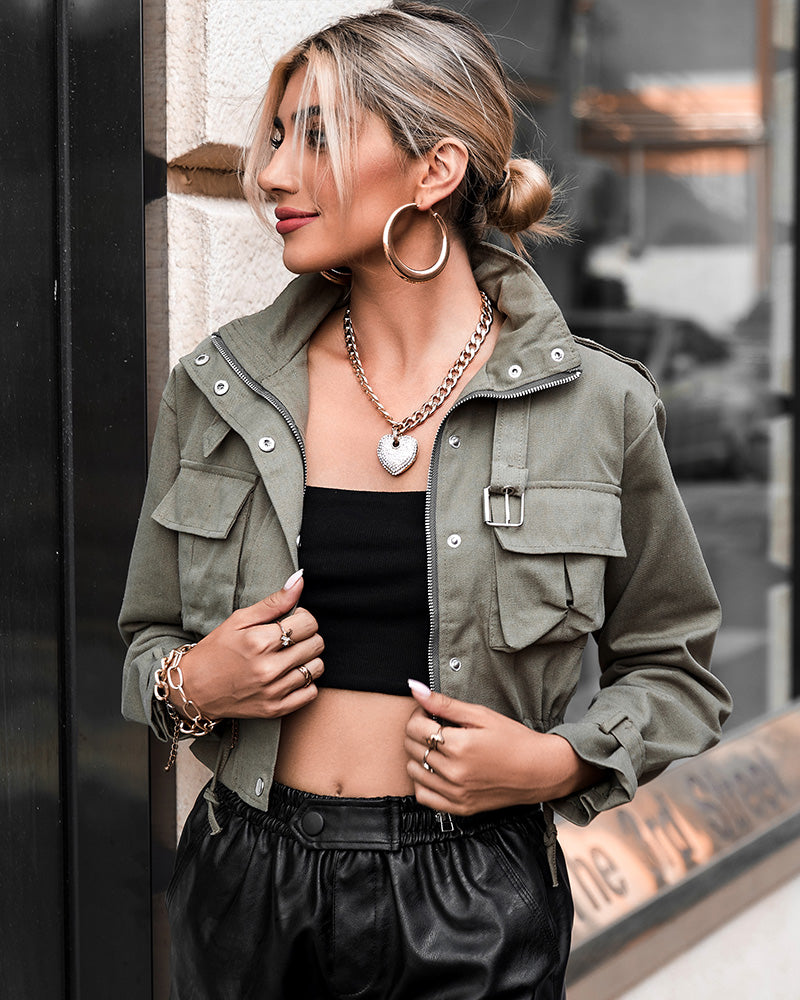 High Neck Zip Up Snap Button Front Flap Pockets Design Cargo Biker Jacket Casual Drawstring Crop Coat