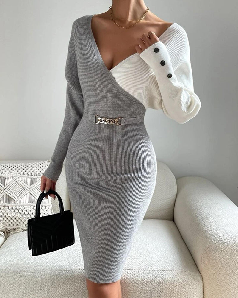 Chain & Button Decor Colorblock V-Neck Long Sleeve Knit Sweater Dress Slim Fit Midi Dress