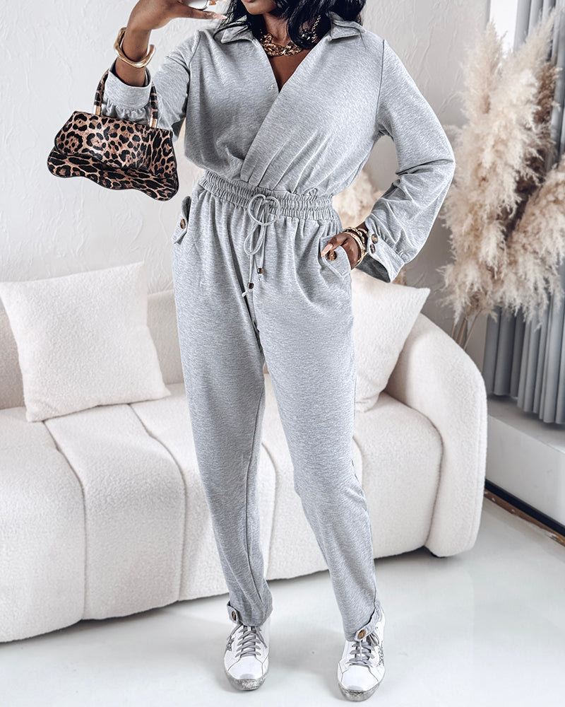Turn-down Collar Overlap V-Neck Drawstring Stretchy Waist Jumpsuit Casual Flap Pockets Design Jumpsuit