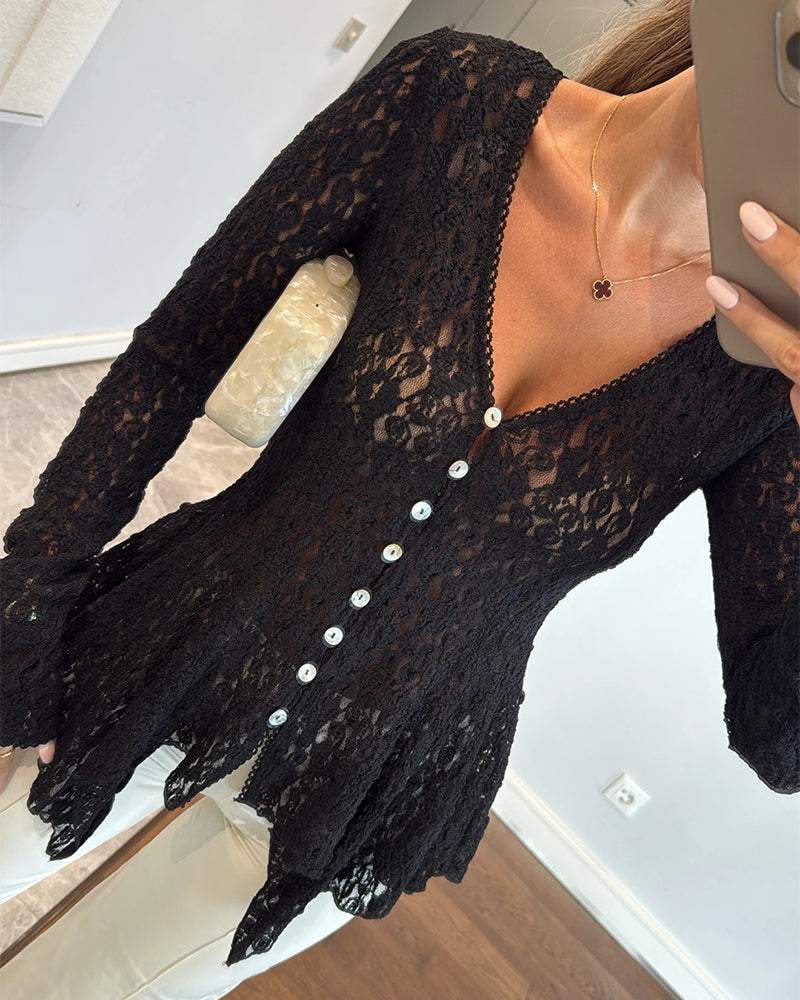 Lace Trim V Neck Button Front Blouse Elegant Asymmetrical Ruffle Hem Top
