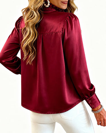 Women's Satin Frill Hem Blouse Long Sleeve Half Button Shirt Elegant Stand Collar Office Work Top