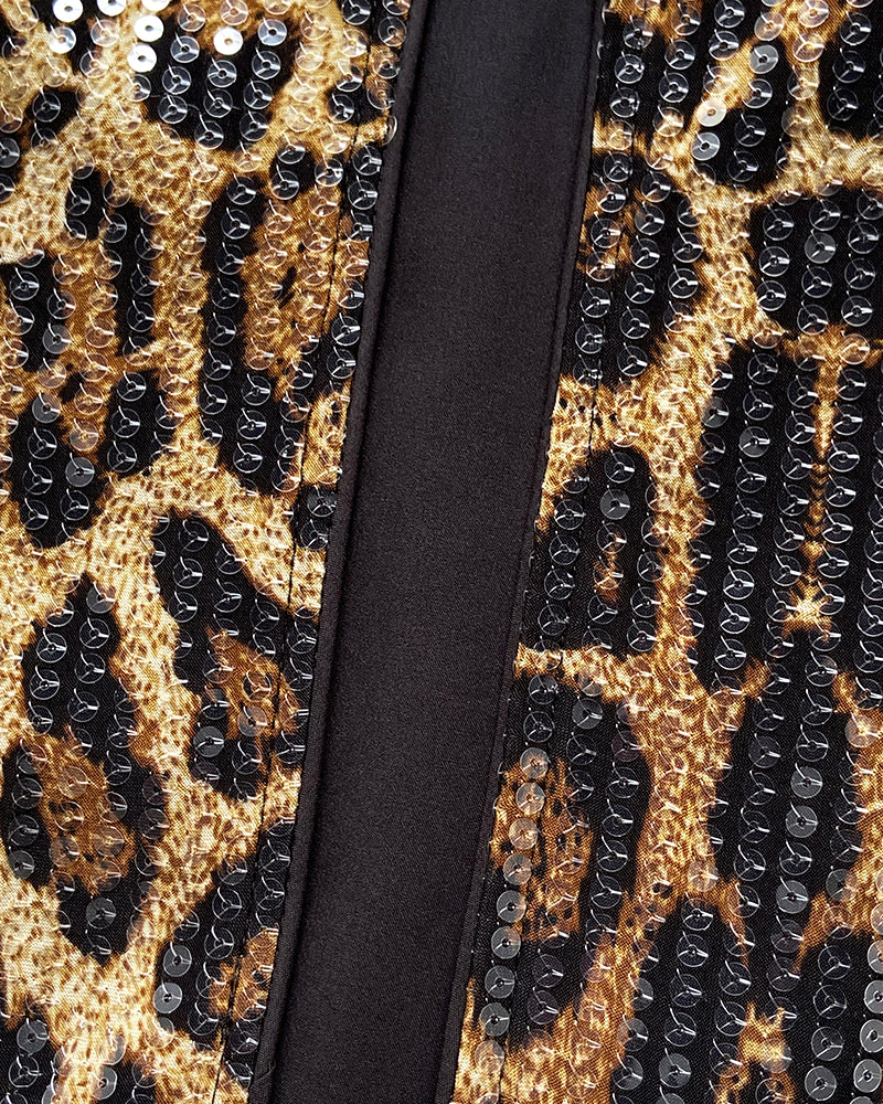 Allover Sequin Leopard Print Puff Sleeve Open Front Slim Fit Jacket Casual Crop Coat
