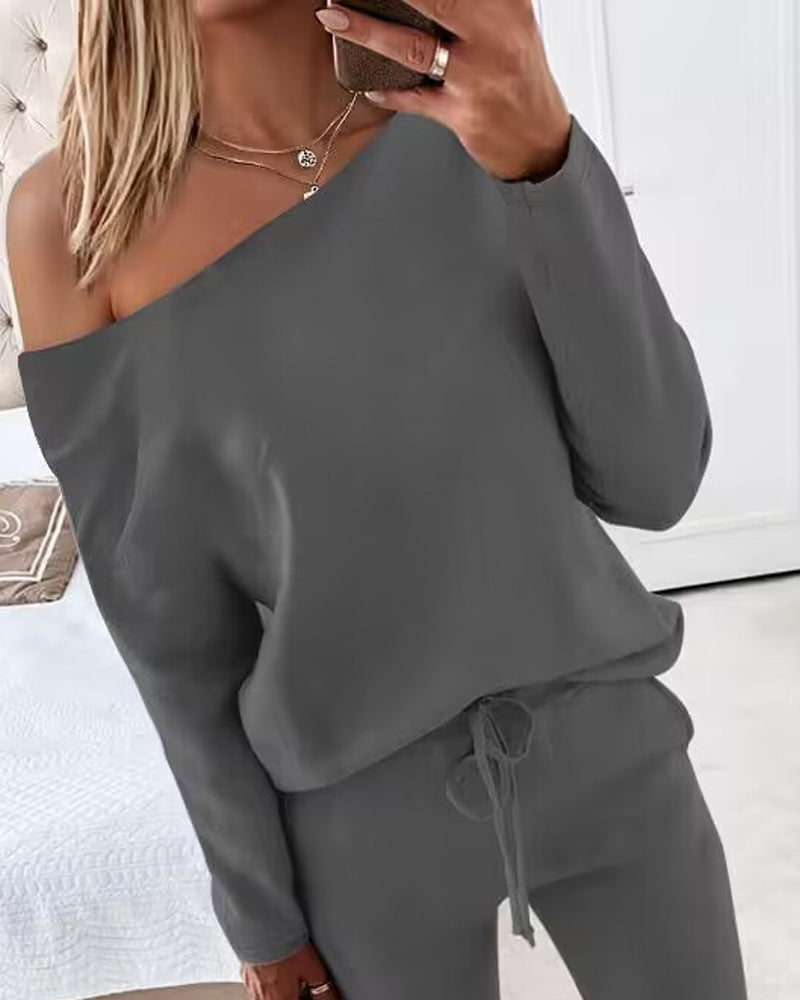 2 Pieces Outfit Long Sleeve Skew Neck Pullover Top and Drawstring Elastic Waist Slim Fit Pants Set