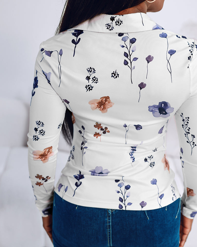 Floral Print Turn-down Collar Long Sleeve Metal Button Front Blouse Ruched Slim Fit Top