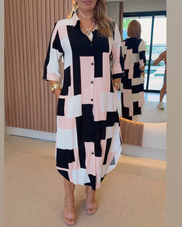 Women's Colorblock Geometric Shirt Dress Casual Three-Quarter Sleeves Asymmetrical Hem Commuting Dress with Belt