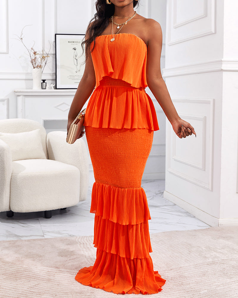 Layered Ruffle Shirred Slim Fit Strapless Dress Textured Maxi Party Dress