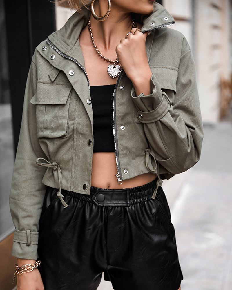 High Neck Zip Up Snap Button Front Flap Pockets Design Cargo Biker Jacket Casual Drawstring Crop Coat