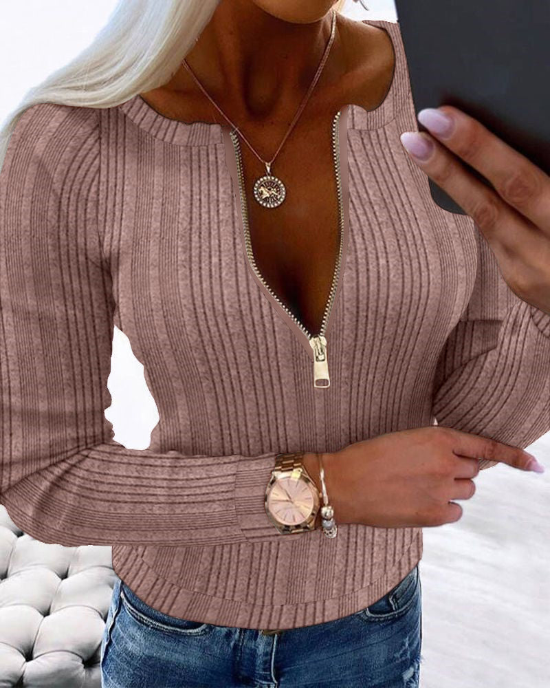 Crewneck Long Sleeve Ribbed Top Half Zipper Design Casual Pullover Tops