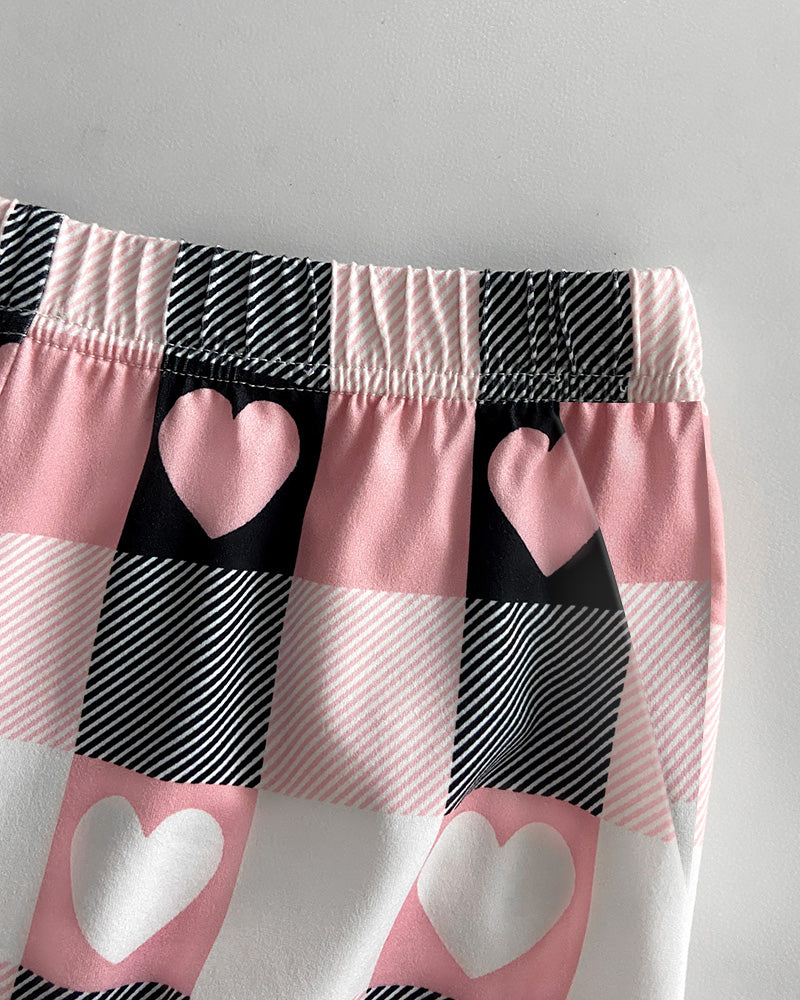 2 Pieces Outfit Floral Print Short Sleeve Top and Casual Plaid Heart Pattren Lounge Pants Set