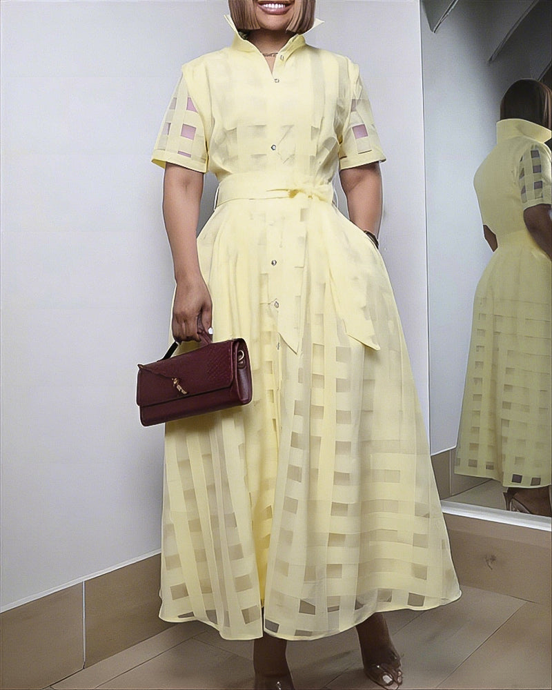 Turn-down Collar Plaid Mesh Double-Layered Cinched Waist Maxi Dress Button Down Bow Tie Waist Commuting Dress