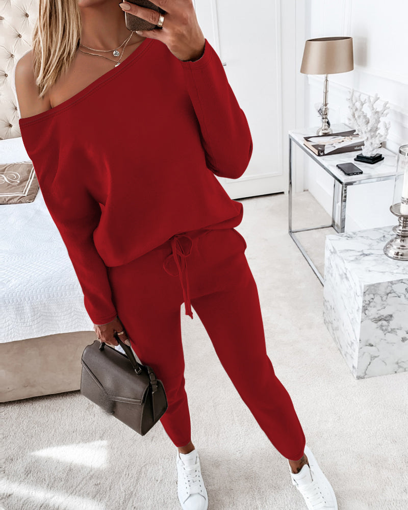 2 Pieces Outfit Long Sleeve Skew Neck Pullover Top and Drawstring Elastic Waist Slim Fit Pants Set