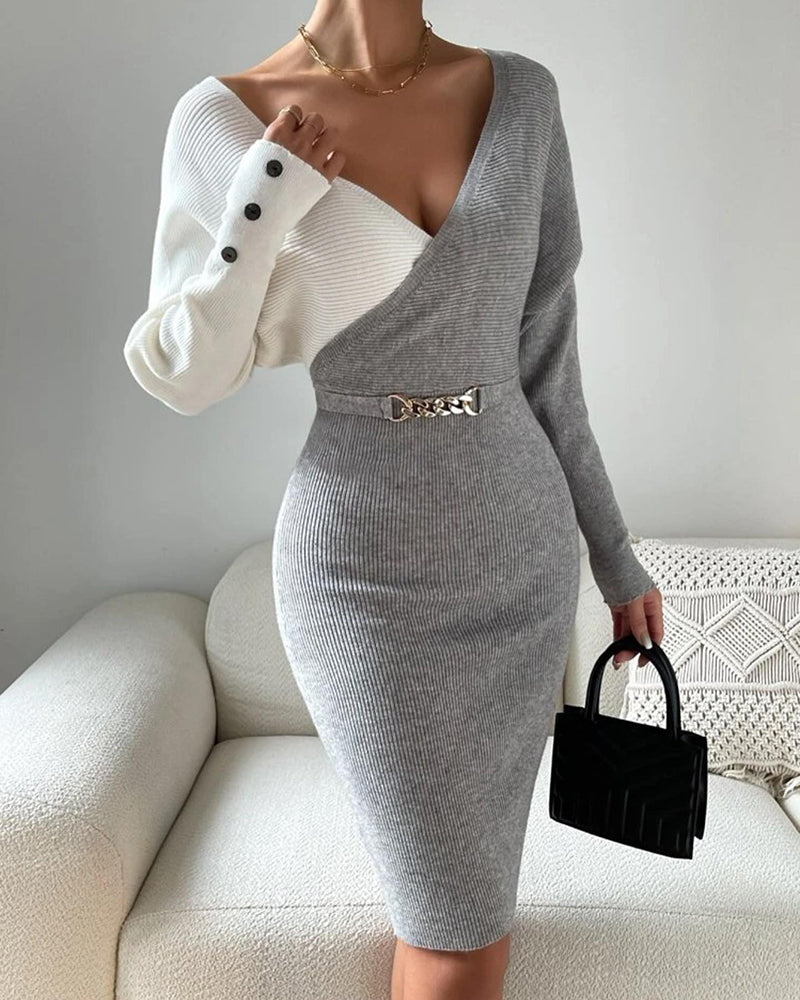 Chain & Button Decor Colorblock V-Neck Long Sleeve Knit Sweater Dress Slim Fit Midi Dress