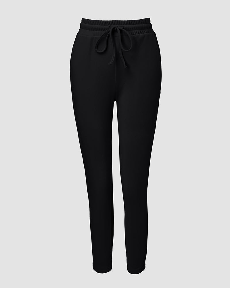 2 Pieces Outfit Long Sleeve Skew Neck Pullover Top and Drawstring Elastic Waist Slim Fit Pants Set