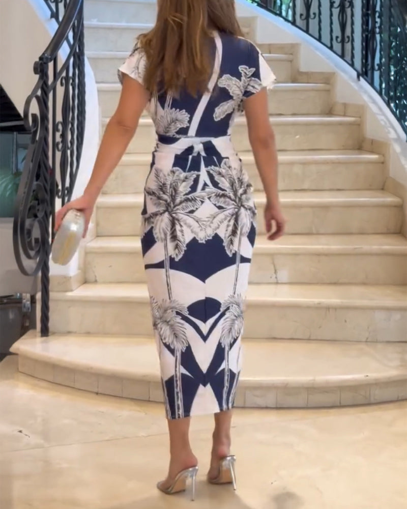 Tropical Print Deep V Neck Ruched Waist-Gathered Dress Front Slit Slim Fit Vacation Dress