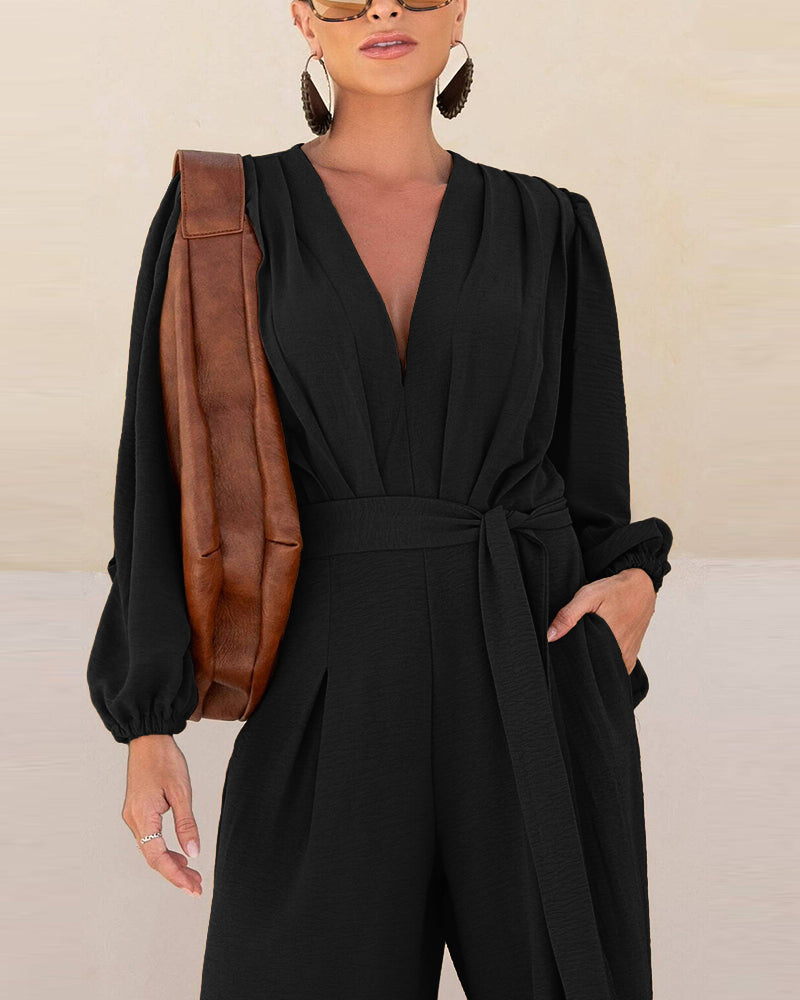 Deep V Neck 3D Design Tie Waist Ruched Overalls Casual Cinched Waist Zipper Back Textured Jumpsuit with Belt