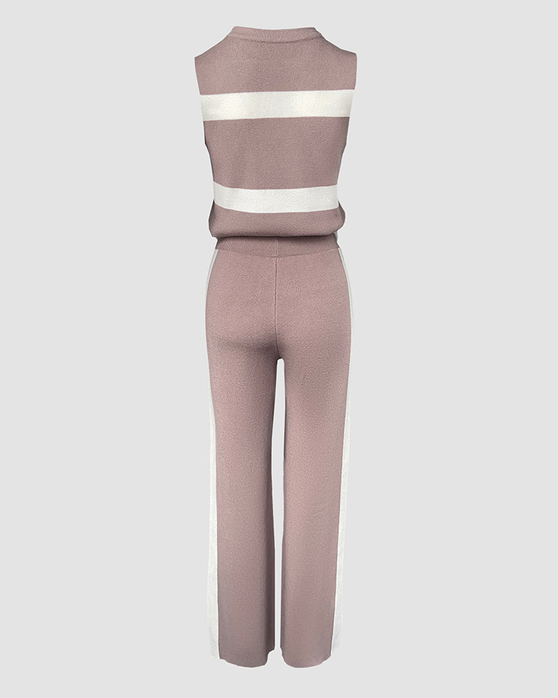 Striped Print Round Neck Sleeveless Top and Casual Elastic Waist Drawstring Pants Sets