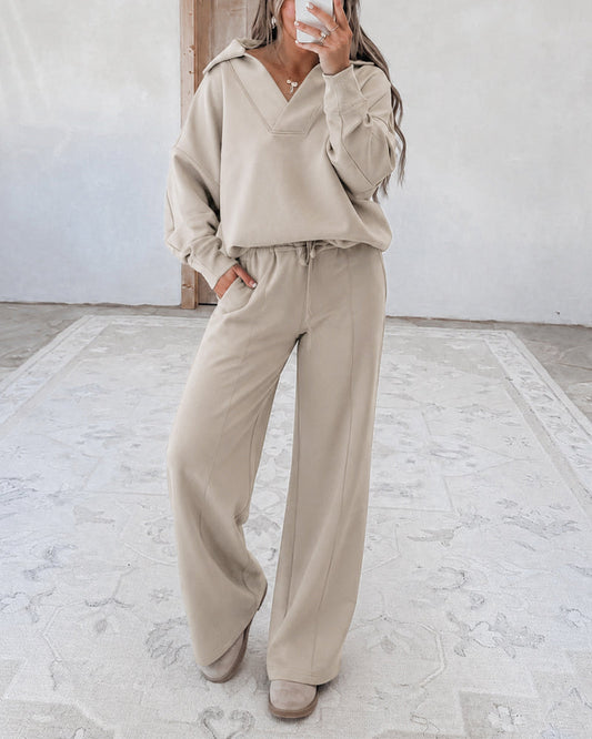 Women's Two Piece Sweatsuit Polo V Neck Pullover and Drawstring Wide Leg Pants Casual Lounge Set