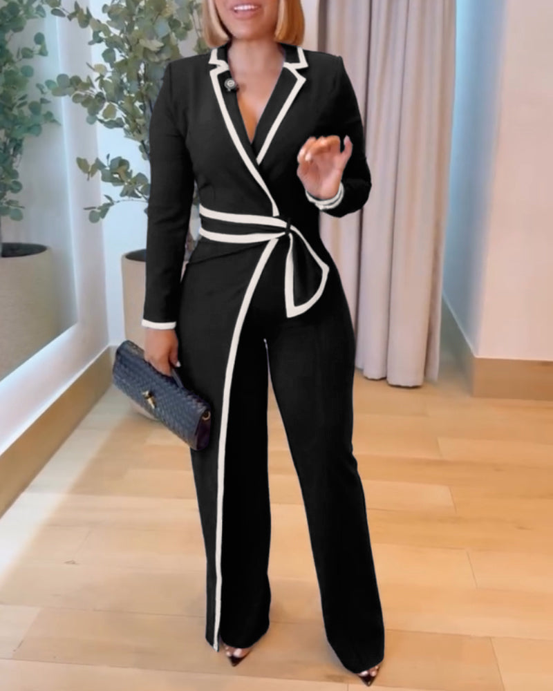Contrast Paneled Notched Collar Padded shoulders Work Jumpsuit Casual Zipper Back Wrap Front Jumpsuit