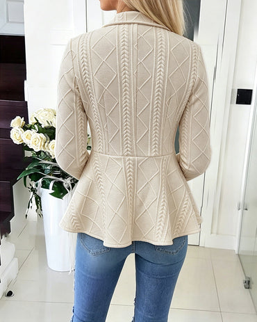 Women's Argyle Cable Knit Jacket Elegant Lapel Collar Gold Button Down Cardigan Ruffle Hem Long Sleeve Coat