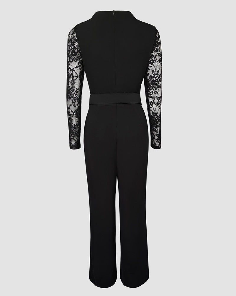 Rhinestone Decor Scallop Trim Deep V-Neck Floral Lace Spliced Overalls High Waist Zipper Back Straight Leg Jumpsuit with Belt