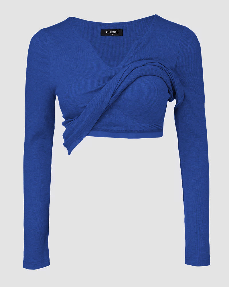 ChicMe Built-in Bra Notch Neck Long Sleeve Shirts Rib-Knit Ruched Waist Top