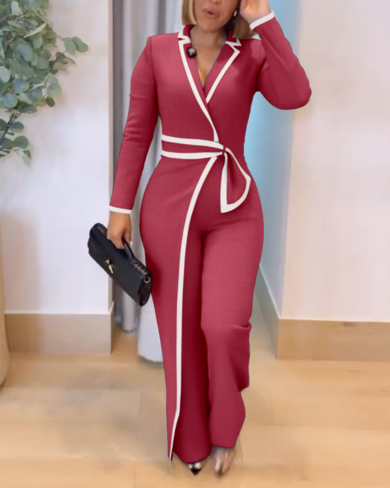 Contrast Paneled Notched Collar Padded shoulders Work Jumpsuit Casual Zipper Back Wrap Front Jumpsuit