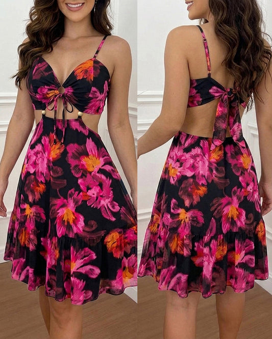 Women's Vintage Floral Print Mini Dress Sexy Sweetheart Neck Cut Out Sundress Backless Ruched A-Line Vacation Dress
