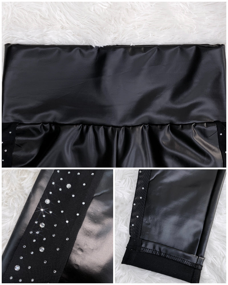Rhinestone Contrast Mesh High Waist Skinny Pants Sexy Slim Fit Pu Leather Pants