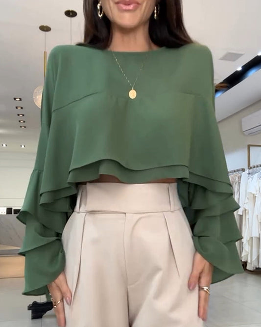 Round Neck Bell Sleeve Crop Top Casual Loose Fit Layered Blouse