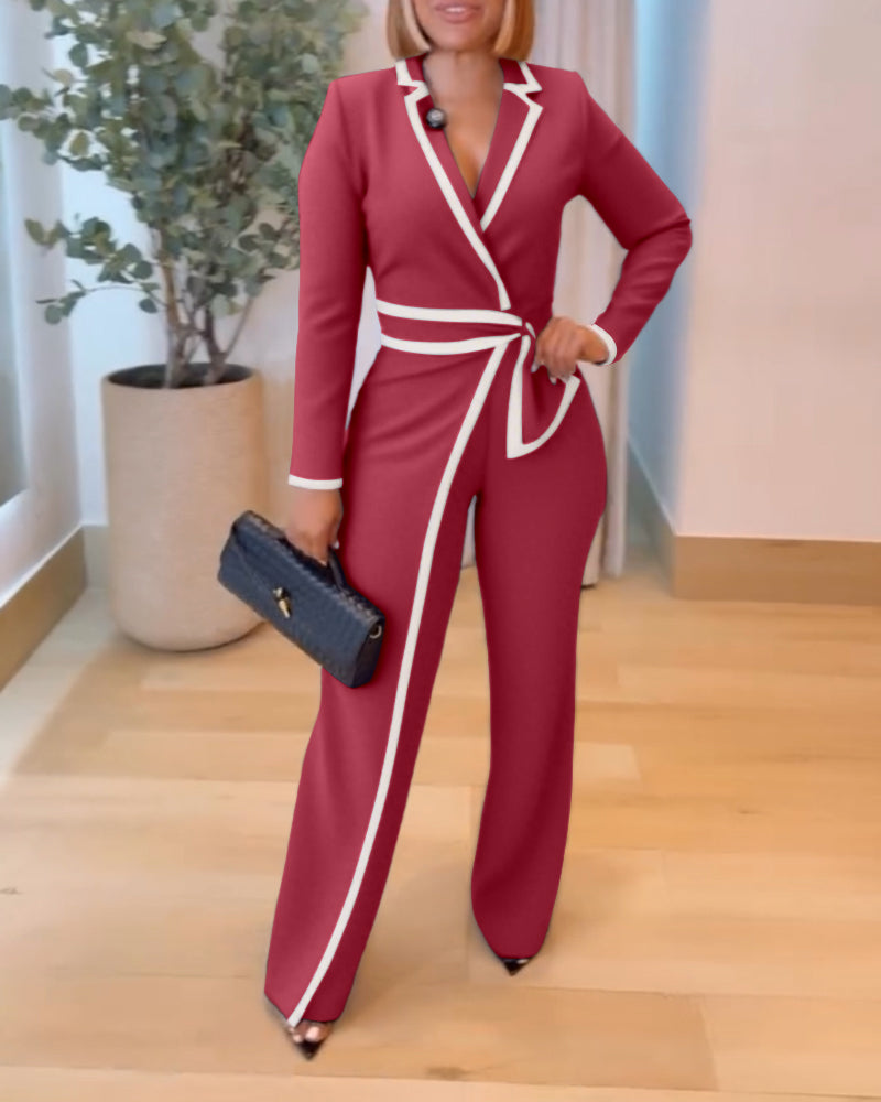 Contrast Paneled Notched Collar Padded shoulders Work Jumpsuit Casual Zipper Back Wrap Front Jumpsuit