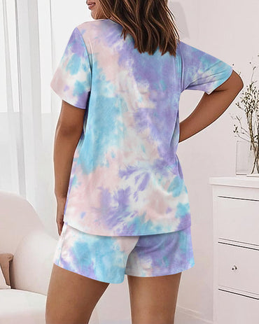 2 Pieces Outfit Letter Print Short Sleeve Top and Elastic Waist Shorts Set Casual Tie Dye Print Pajamas Set with Pockets For Mother's Day