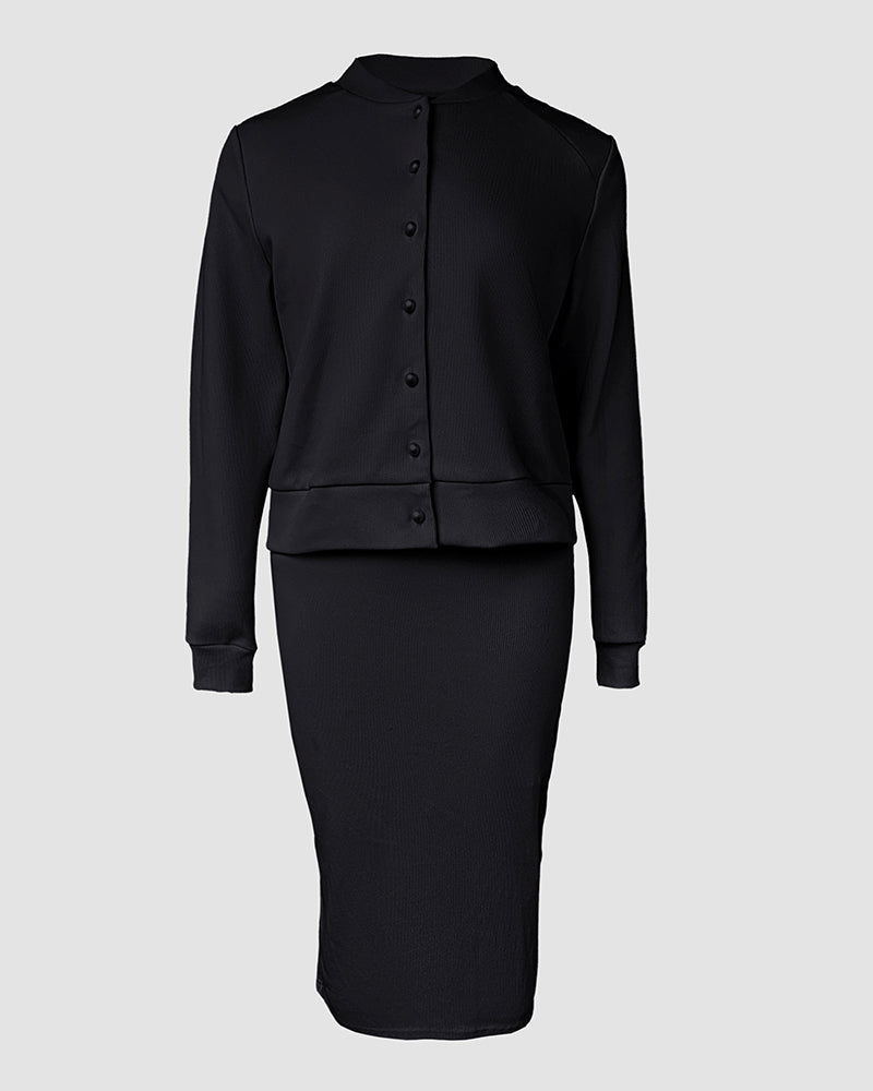 2 Pieces Outfit U-Neck Slit Back Slim Fit Knit Tank Dress and Pearl Button Front Baseball Coat Casual Ribbed Set