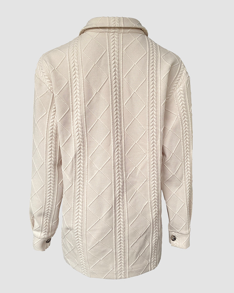 Turn-down Collar Button Front Drop Shoulder Jacket Casual Pockets Design Argyle & Cable Textured Shirt Coat