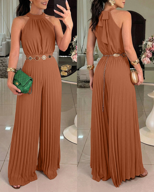 ChicMeLive Women's Halter Tie Wide Leg Jumpsuit Pleated High Waist One-Piece Romper Elegant Sleeveless Evening Party Jumpsuit without Waist Chain