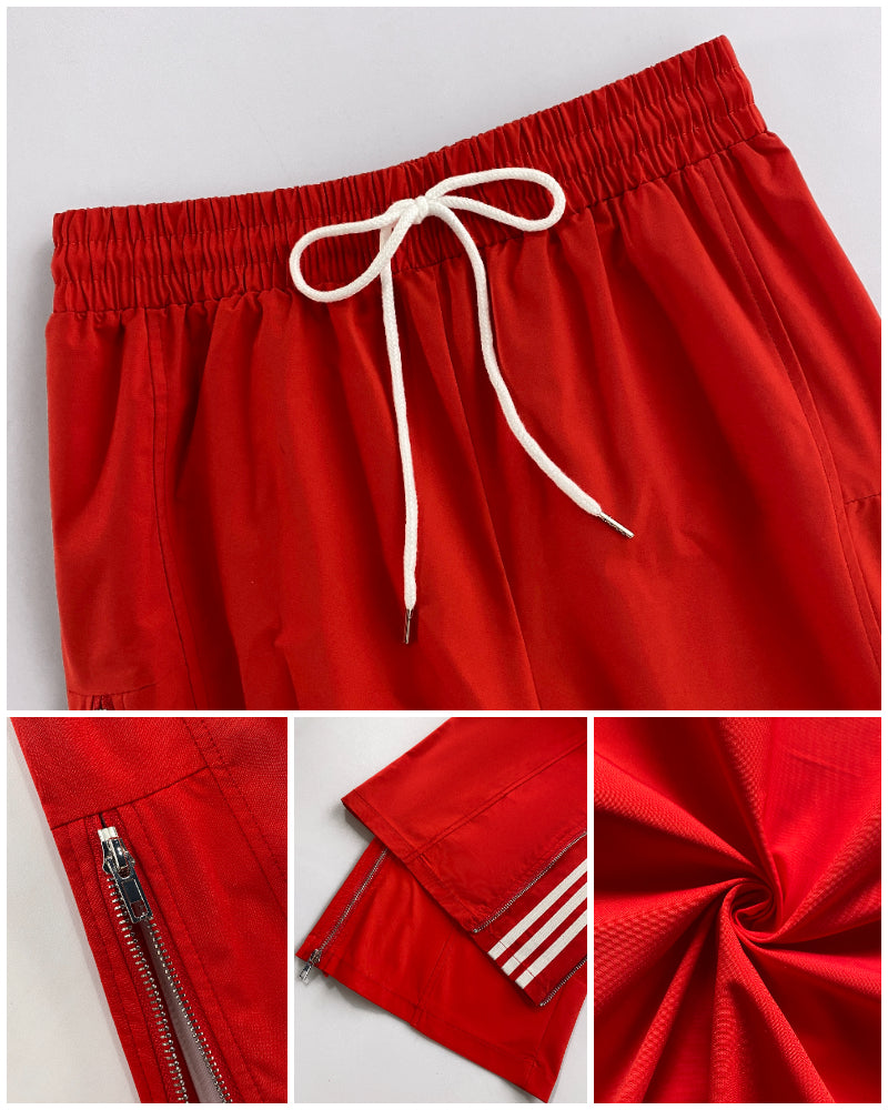Contrast Side Striped & Zipper Slit Side Drawstring Elastic Waist Trousers Casual Wide Leg Pants