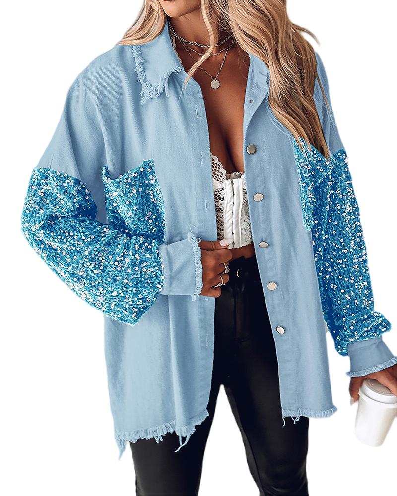 Casual Jacket Sequin Patchwork Long Sleeve Jacket Top Button Front Raw Hem Oversized Denim Shacket