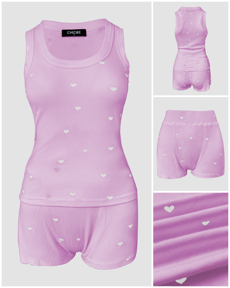 2 Pieces Outfit Heart Print U Neck Sleeveless Tank Top and Casual Strechy Waist Shorts Set Slim Fit Ribbed Pajamas Set