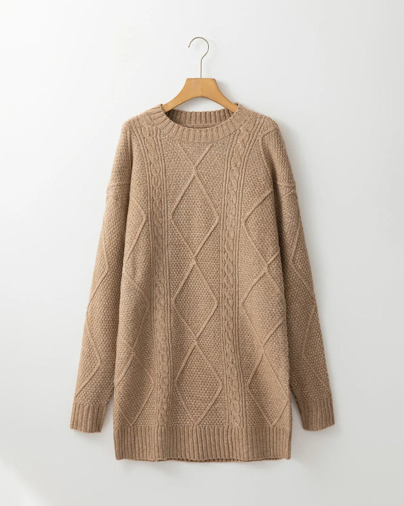 Round Neck Long Sleeve Drop Shoulder Pullover Sweater Casual Loose Fit Cable Knit Mid-length Sweater